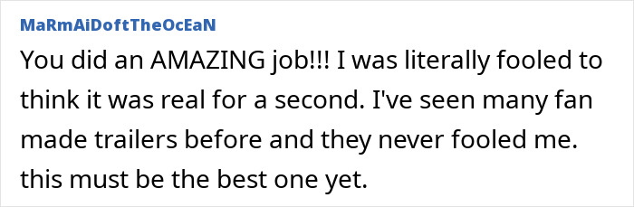 Fan comment praising a Harry Potter And The Cursed Child fan-made trailer as the best and most convincing one yet.