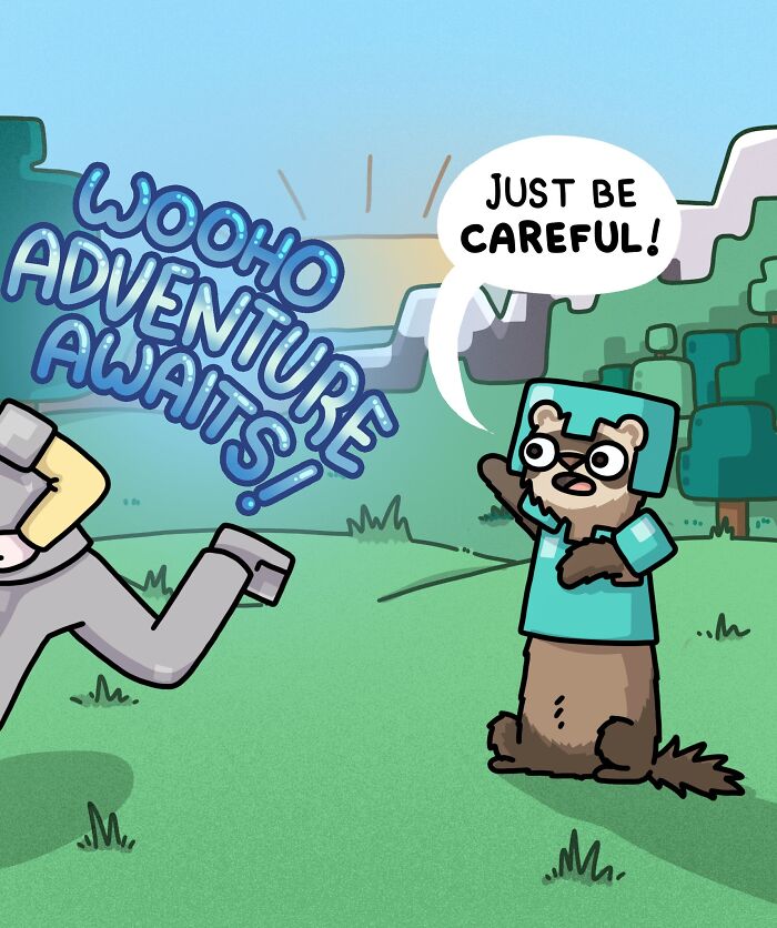 Cartoon of an artist and two ferrets dressed in armor, exploring and interacting in a colorful outdoor setting.