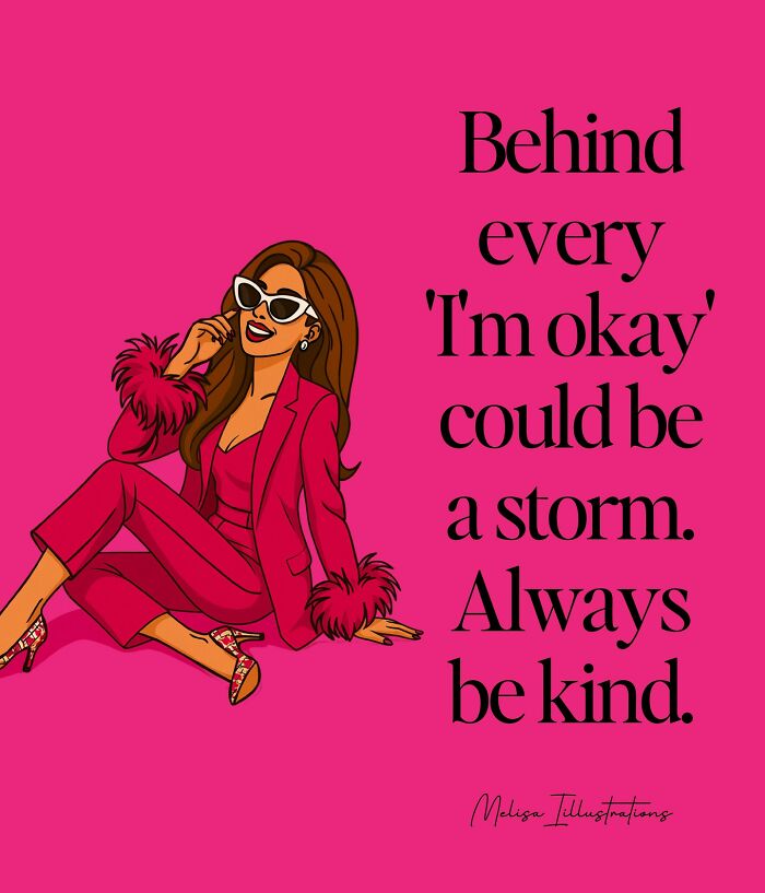 Illustration of a confident woman in a pink suit with empowering message reminding women how powerful they truly are.