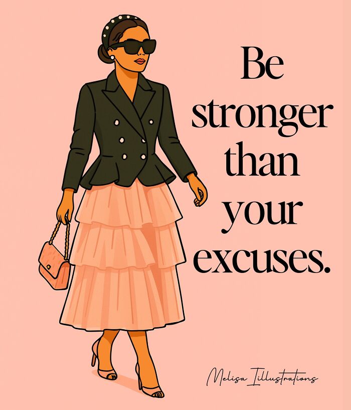 Illustration of a confident woman in sunglasses with empowering text about strength and powerful women.