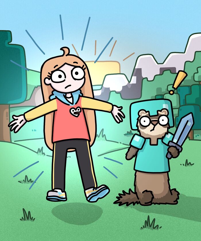 Cartoon of an artist and two ferrets dressed in armor, exploring and interacting in a colorful outdoor setting.