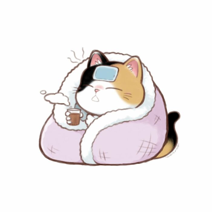 Cute cat illustration of a calico cat cozy wrapped in a blanket holding a steaming cup, with a cool compress on its head.