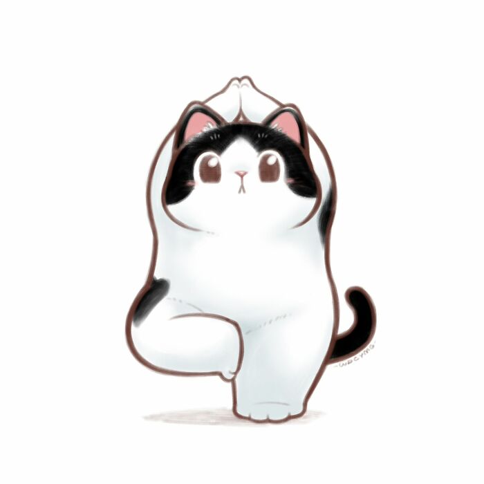 Cute cat illustration in a yoga pose with big eyes and black and white fur, capturing irresistibly cute cat art style.
