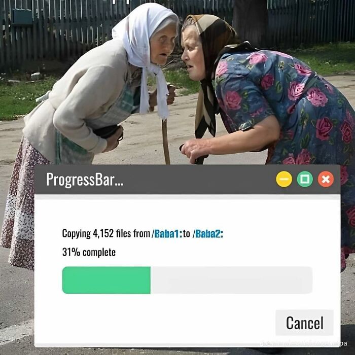 Two elderly women in headscarves leaning in to talk with a humorous Eastern Europe memes progress bar overlay.