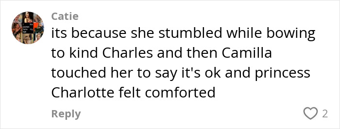 Comment explaining Princess Charlotte&rsquo;s curtsy mistake and Camilla's comforting gesture after it happened.