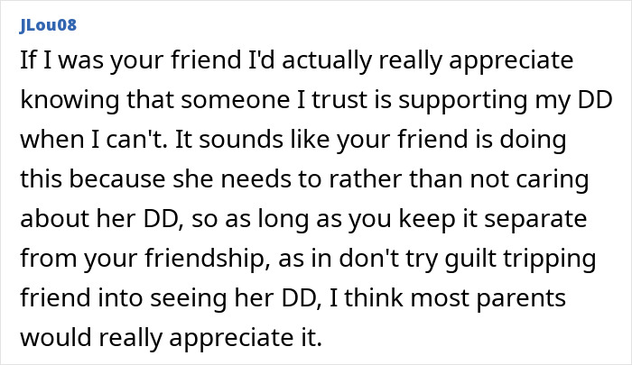 Text comment discussing the importance of supporting a friend's daughter without guilt, related to feeling sorry for friends daughter. Text comment discussing the importance of supporting a friend's daughter without guilt, related to feeling sorry for friends daughter.