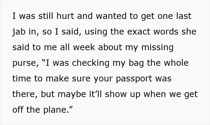 Text excerpt from a woman describing hurt feelings after a purse mishap during travel affecting her friendship.
