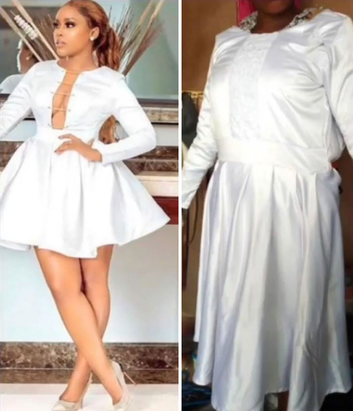 Side-by-side comparison of ordered stylish white dress versus an ill-fitting white dress fail.
