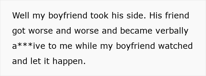 Text excerpt showing a woman explaining how her boyfriend and his friend were verbally abusive about her period and his reaction.