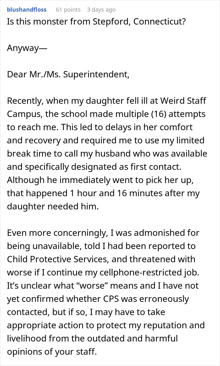 Alt text: Mom furious after school called her instead of husband and possibly pretended to call CPS causing delays and threats. Alt text: Mom furious after school called her instead of husband and possibly pretended to call CPS causing delays and threats.
