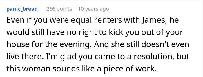 Screenshot of a user comment discussing a woman accusing homeowners of ruining her party by not leaving their home.