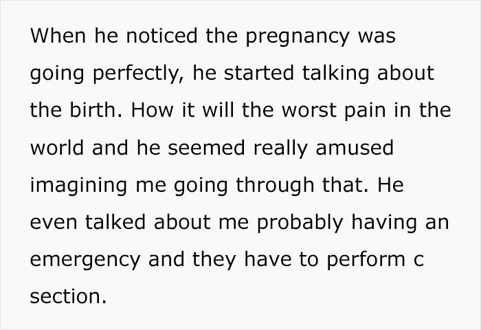 Text about man disliking how easy pregnancy goes for wife, expressing desire for her to suffer during birth. Text about man disliking how easy pregnancy goes for wife, expressing desire for her to suffer during birth.