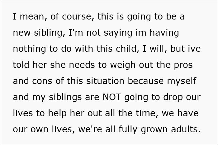 Alt text: Excerpt discussing a 46-year-old getting pregnant and adult kids refusing to drop everything to help out.