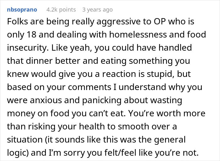 Comment discussing a teen suffering an allergic reaction at a friend’s house and being told not to eat there again. Comment discussing a teen suffering an allergic reaction at a friend’s house and being told not to eat there again.