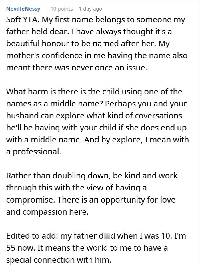 Reddit comment about a man wanting to name his baby after his first girlfriend and upsetting his wife. Reddit comment about a man wanting to name his baby after his first girlfriend and upsetting his wife.