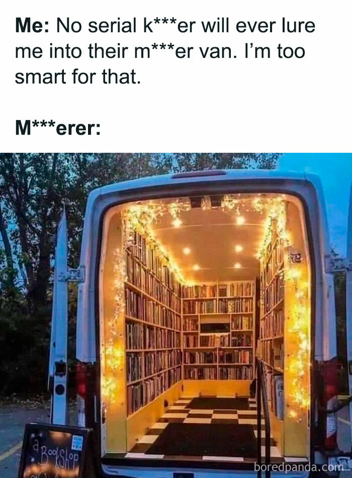 Van interior decorated with string lights and filled with shelves of books, humorously linked to true crime binge watching.