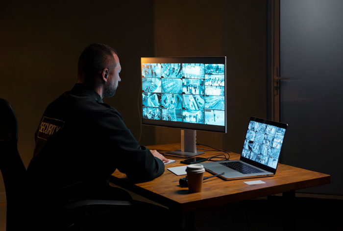Security guard monitoring multiple surveillance screens at night, showcasing the creepy moments seen on the job.