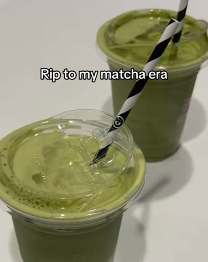Two iced matcha drinks with black and white straws and text overlay about ending a matcha era warning.