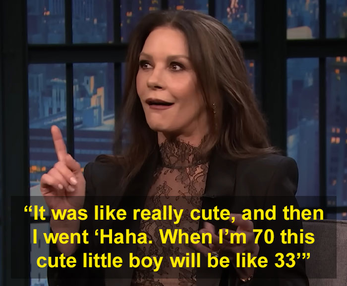Catherine Zeta-Jones reacting during an interview with critics calling her comment about 12-year-old fan creepy.