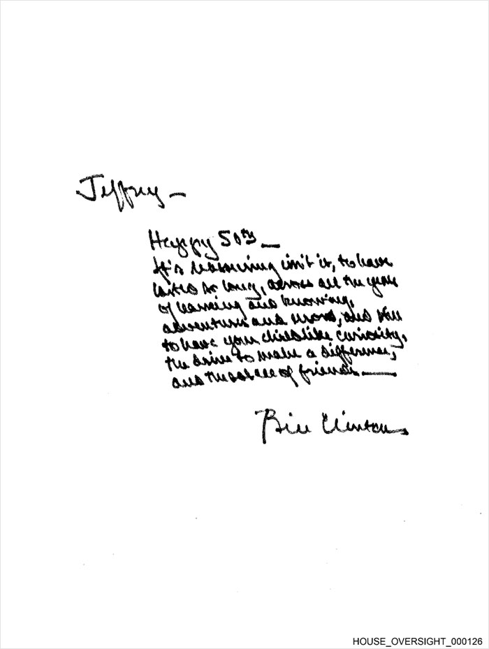 Handwritten note from Bill Clinton to Jeffrey Epstein for his 50th birthday included in birthday book collection.
