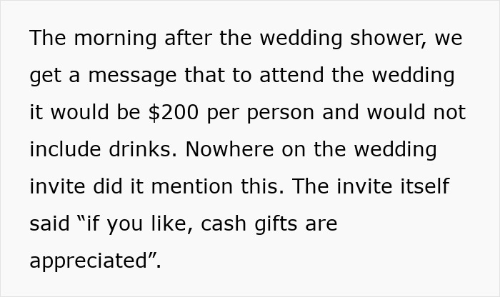 Alt text: Bride demands 200 dollars from friends after cheap wedding shower gifts cause controversy over cash gifts policy.
