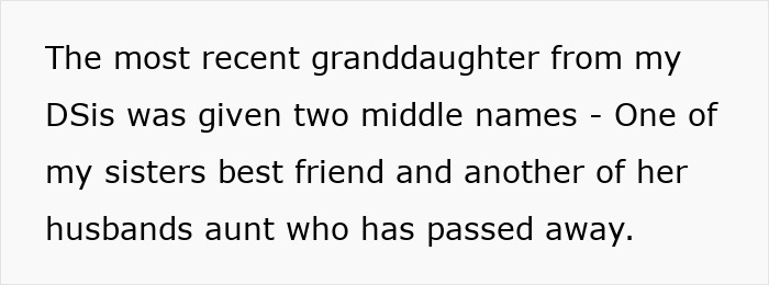 Text excerpt explaining the naming of a granddaughter with two middle names linked to family and friendships, reflecting child-pregnant-mother name. Text excerpt explaining the naming of a granddaughter with two middle names linked to family and friendships, reflecting child-pregnant-mother name.