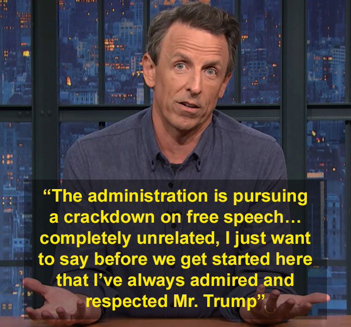 Jimmy Fallon speaking about free speech and show suspension during an interview on a late-night talk show set.