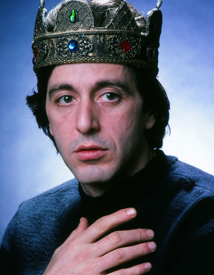 Al Pacino wearing a jeweled crown and dark sweater, captured in a contemplative pose for celeb memoir confessions.