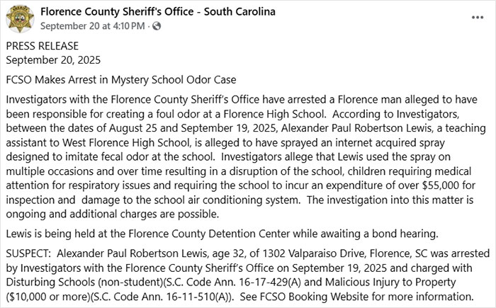 Florence teacher arrested for using poop spray at school causing $50K in repairs and student illness.
