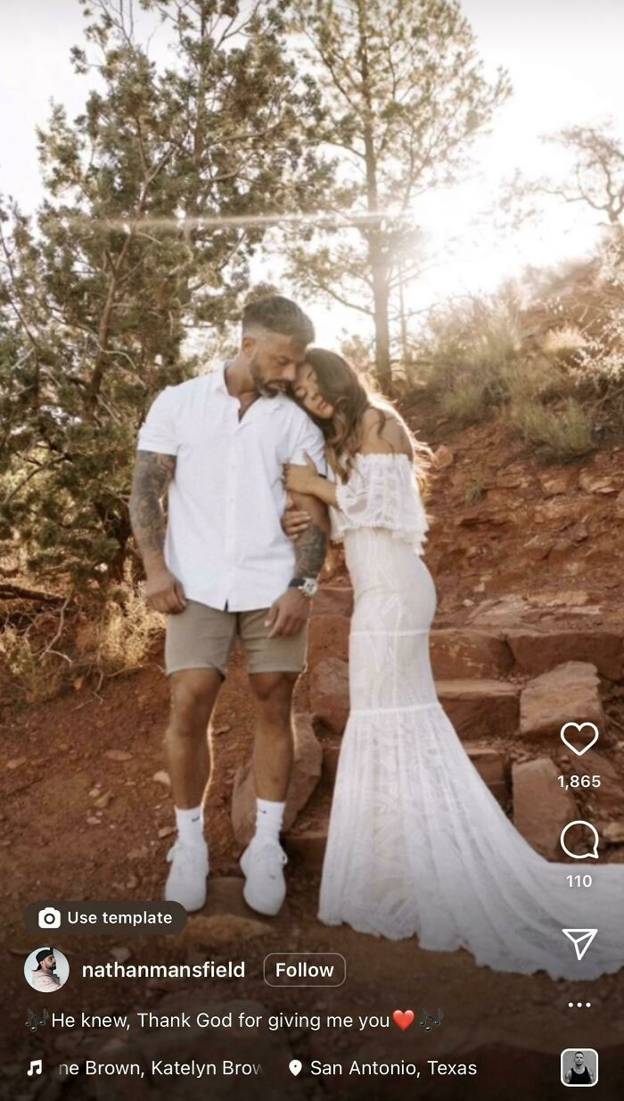 Couple standing outdoors in casual and bridal attire, with soft sunlight and natural landscape, no gym or baby present.