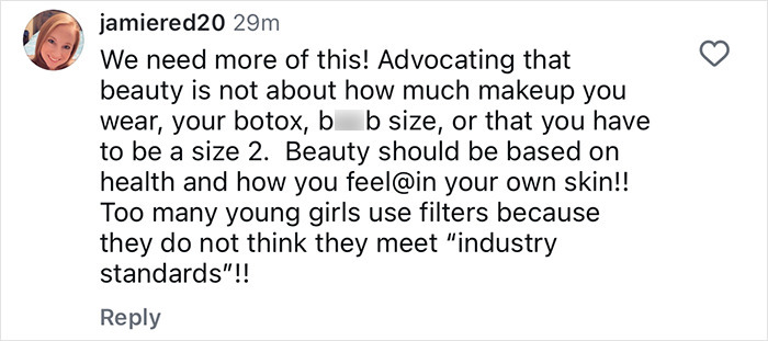 Comment about advocating natural beauty over breast implant size and industry standards in social media post.