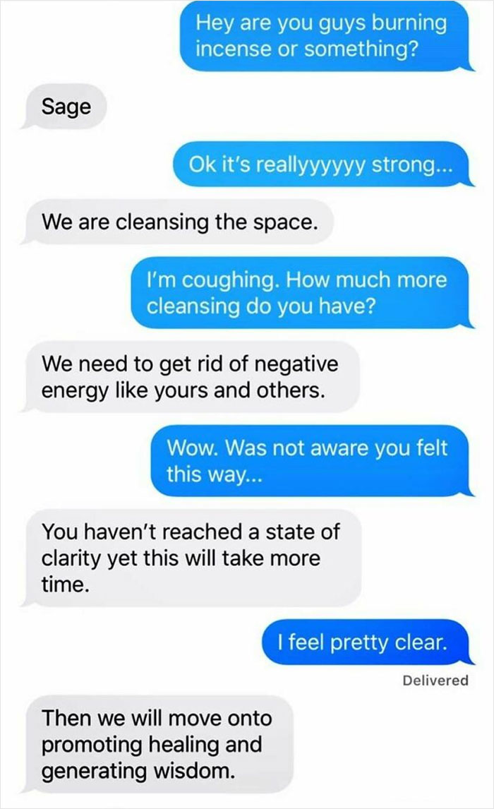 Text message exchange showing a neighbor discussing cleansing space and negative energy, highlighting unbearable neighbor behavior.