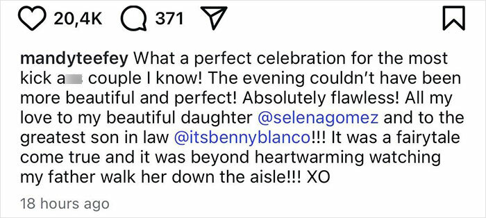 Instagram post from Selena Gomez's mom praising her daughter's wedding, expressing love and joy despite wedding snub rumors. Instagram post from Selena Gomez's mom praising her daughter's wedding, expressing love and joy despite wedding snub rumors.