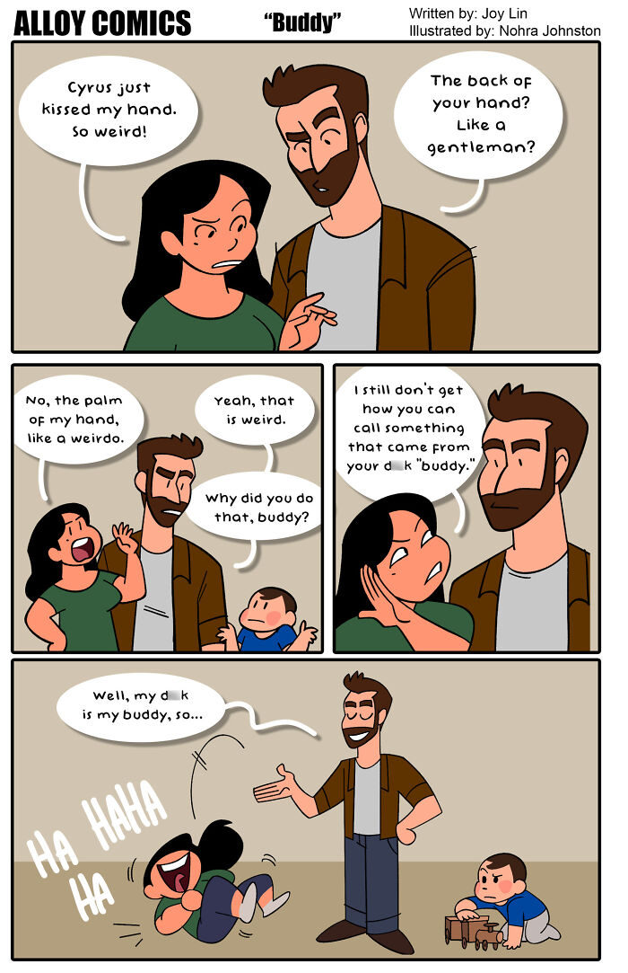 Comic strip showing a couple humorously discussing love and marriage while raising a small child and sharing funny moments.