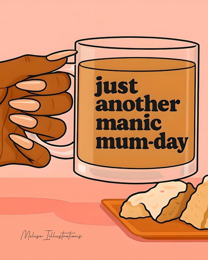 Hand holding a coffee mug with text, accompanied by a snack, in an empowering illustration for women.