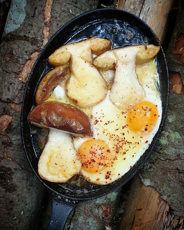 Cast iron pan with fried eggs and mushrooms, a meal that only people raised in Eastern Europe can truly comprehend.