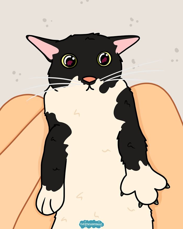 Cartoon of a black and white cat with wide eyes, part of viral cat moments turned into funny art illustrations.