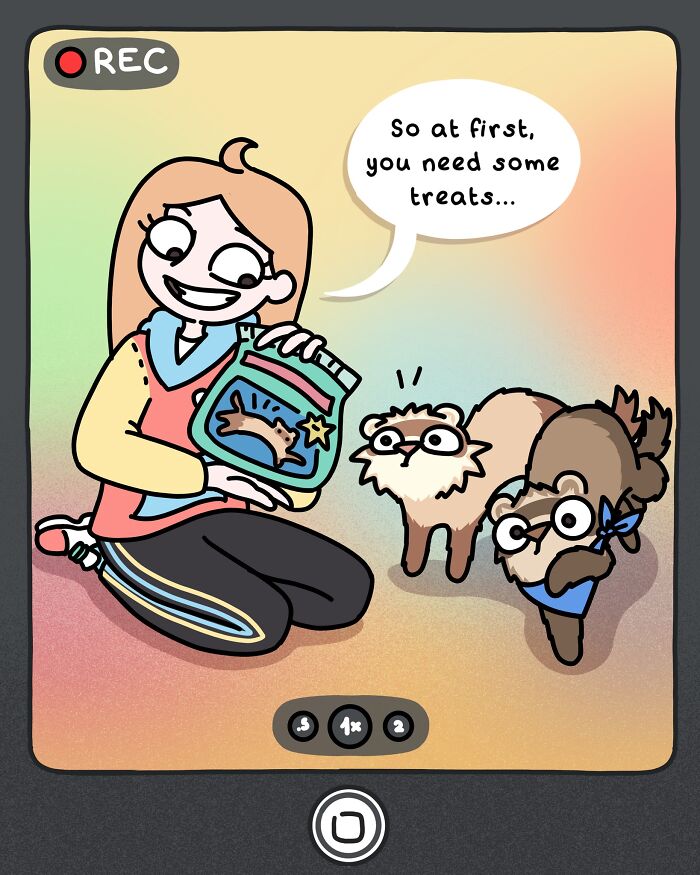 Artist sitting with two ferrets and a cat, speaking about how to train ferrets in a colorful illustrated video frame.