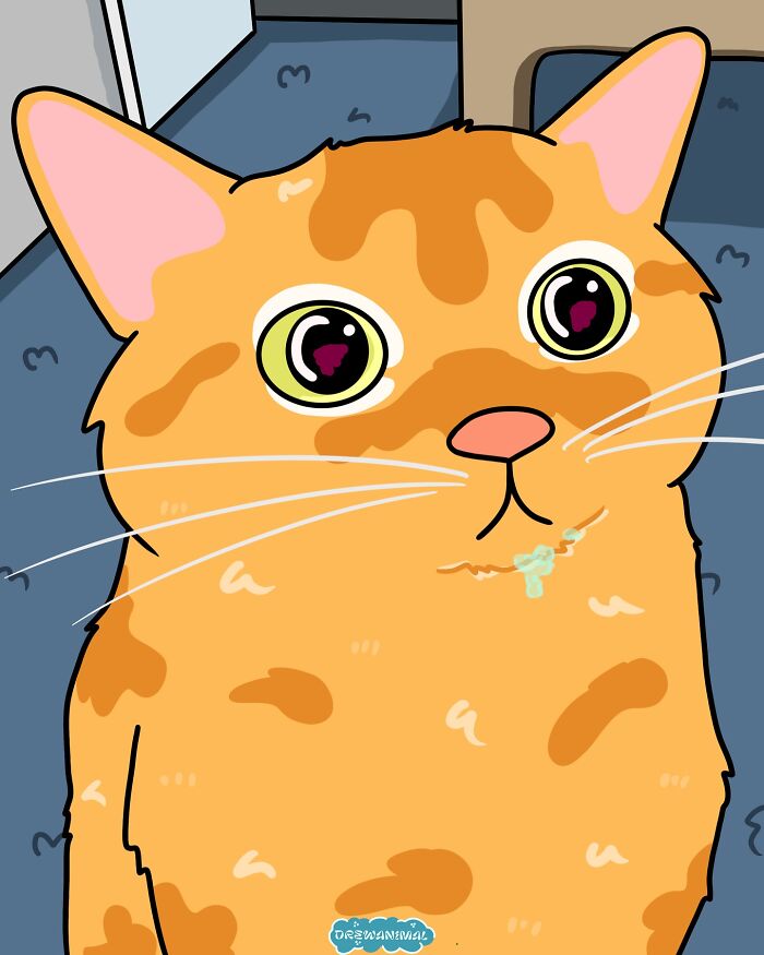 Cartoon illustration of a viral cat moment with a funny expression and orange fur in digital art style.
