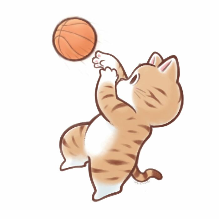 Cute cat illustration of a playful striped kitten reaching to catch a basketball with an energetic pose.