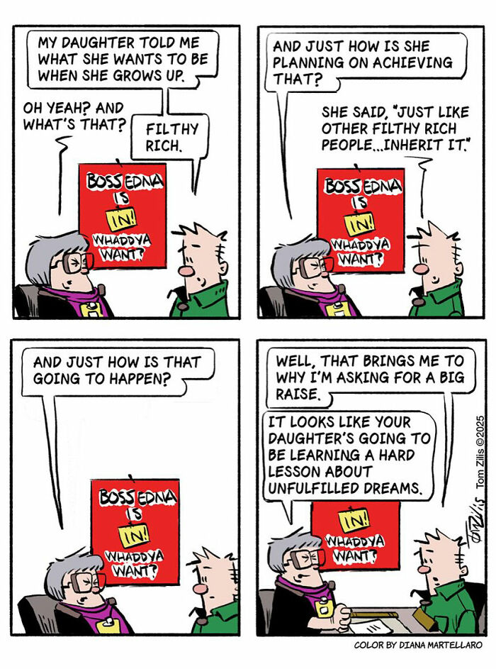 Comic strip showing a humorous conversation about unfulfilled dreams and money in funny comics by an artist.