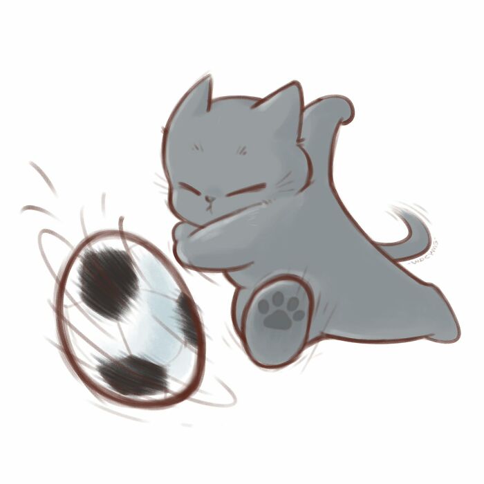 Cute cat illustration of a gray kitten playing energetically with a black and white soccer ball.