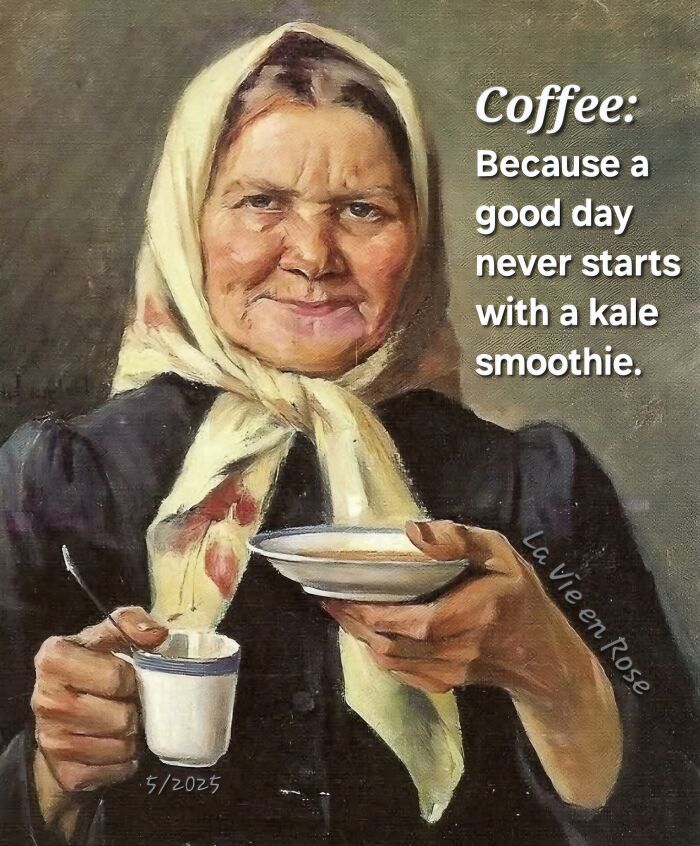 Older woman in a headscarf holding a cup and saucer with a humorous coffee meme, perfect for archeology and history memes.