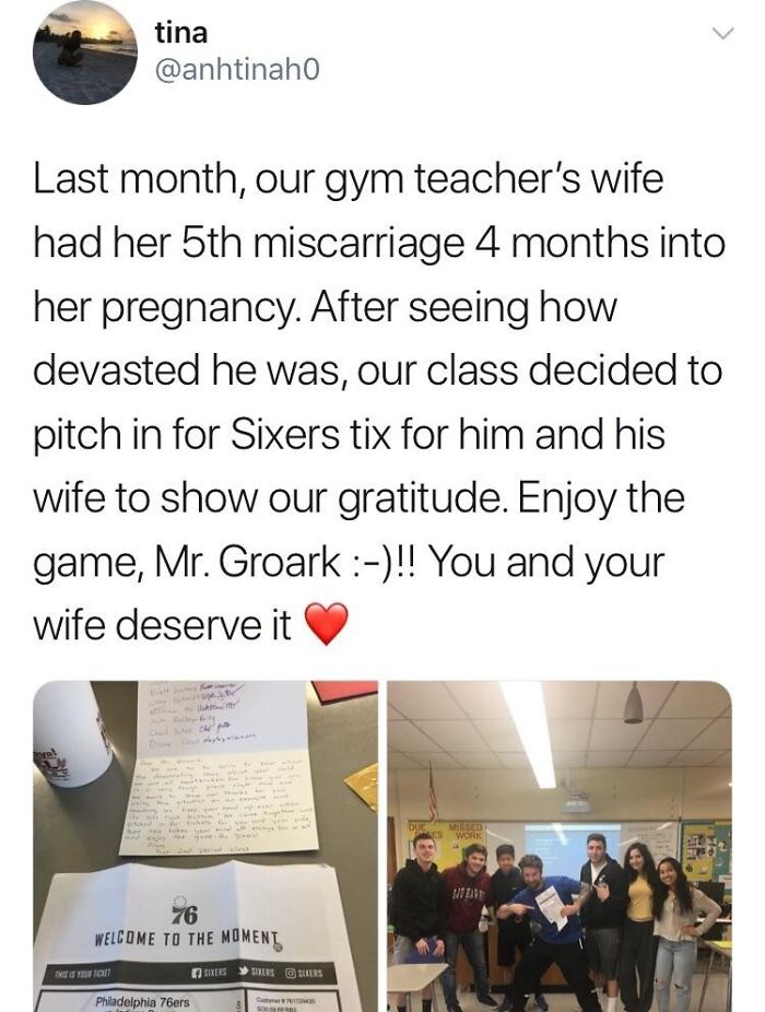 Wholesome post showing classmates supporting their gym teacher with Sixers tickets after a personal tragedy.