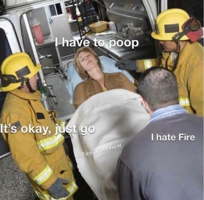 Paramedics and firefighters assisting a patient on a stretcher in an ambulance with humorous text overlay.