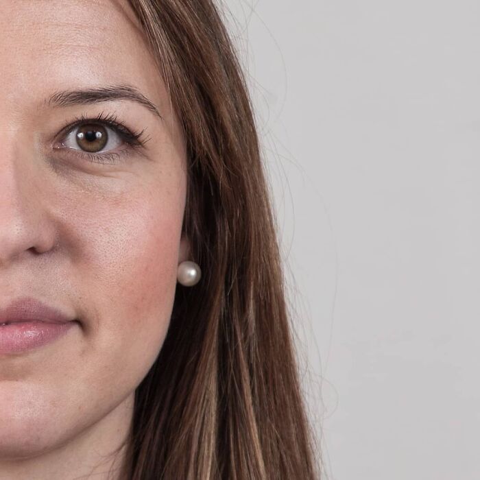 Woman with long brown hair and natural makeup, shown in a genetic portrait highlighting family DNA similarities.