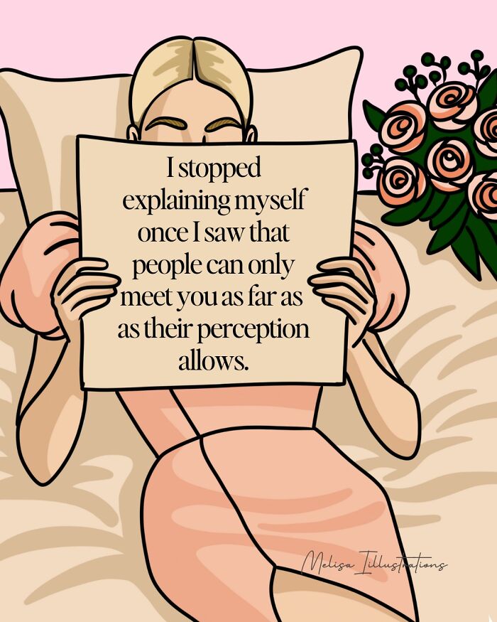 Woman holding a sign with empowering message about perception and self-worth in an illustration celebrating women empowerment.
