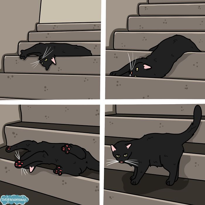 Comic art of a black cat in funny poses on stairs, capturing viral cat moments with humorous and playful expressions.