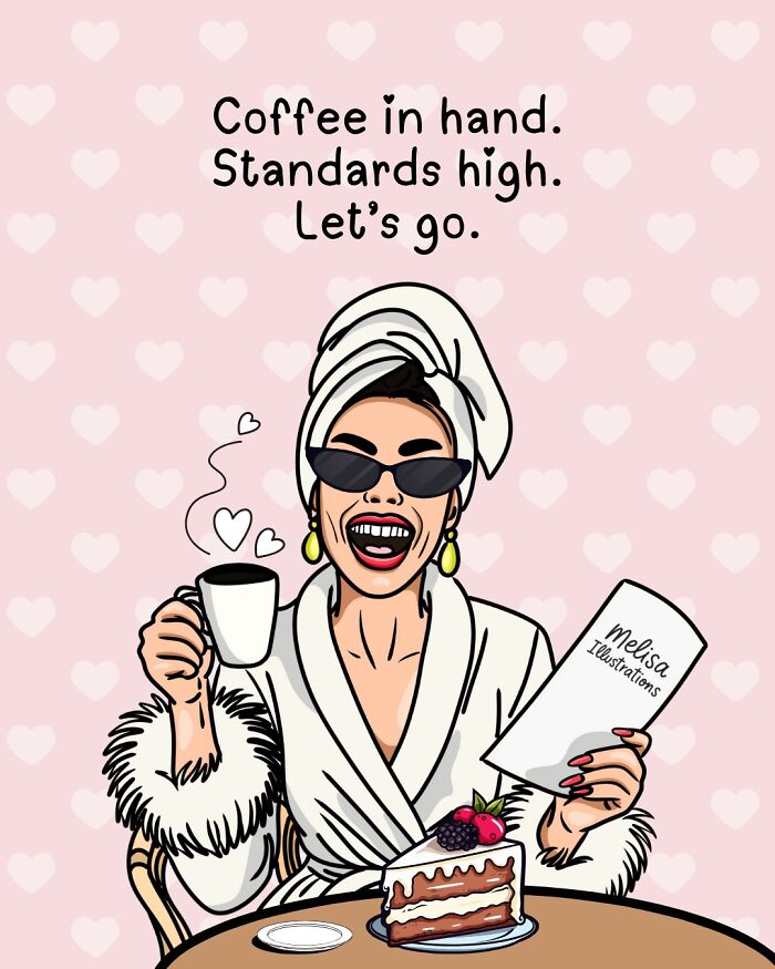 Empowering illustration of a confident woman with coffee and cake, wearing sunglasses and a bathrobe, symbolizing female power.