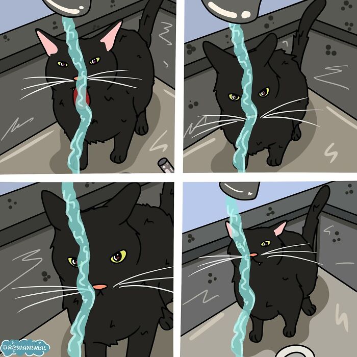 Digital art of a black cat drinking from a faucet, showcasing viral cat moments turned into funny art illustrations.